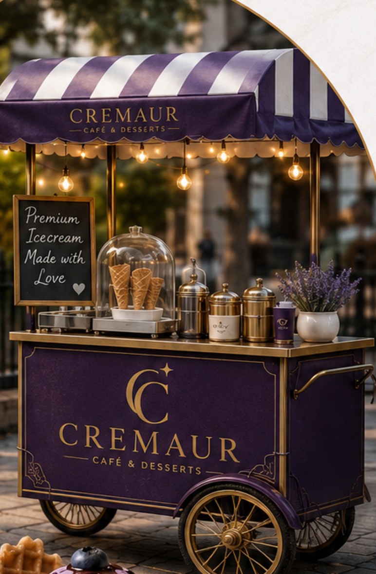 The original Cremaur premium ice-cream street cart in Lucknow, purple and gold with a striped awning