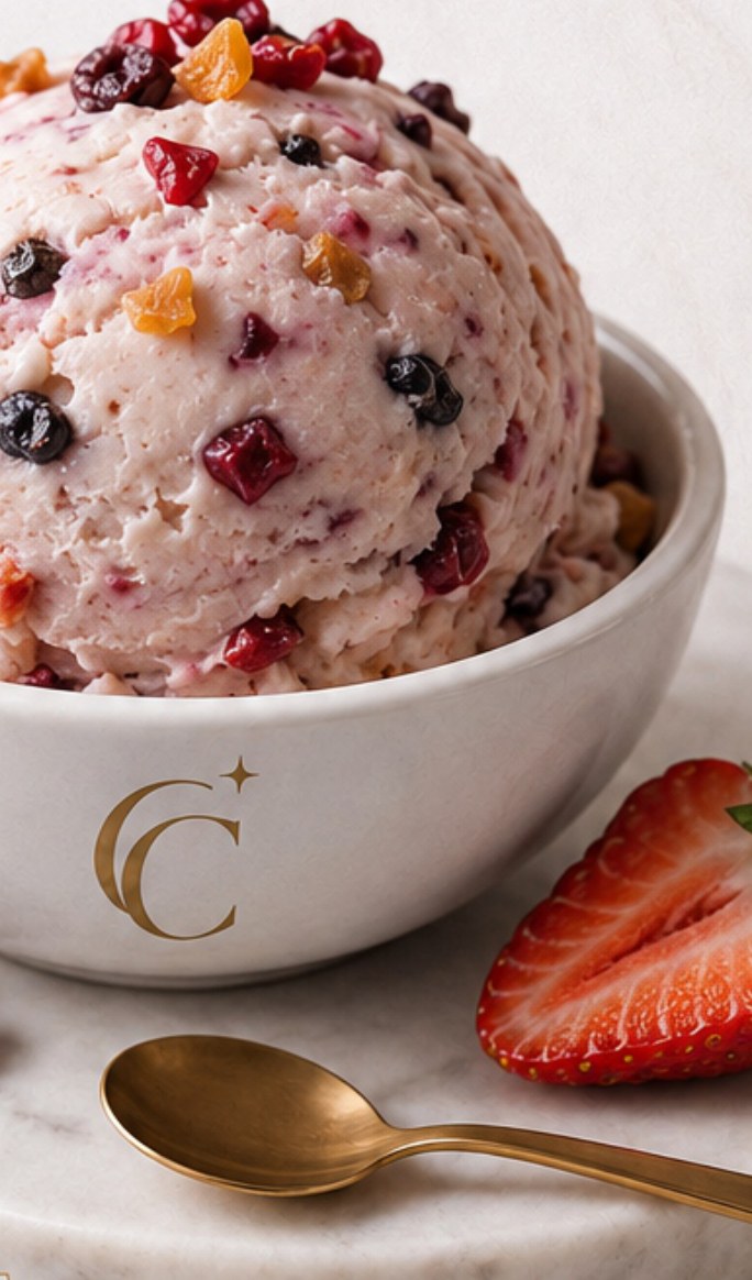 Close-up of Cremaur Frutella fresh fruit cream with berries